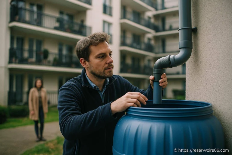 Homme installant un récupérateur d'eau de pluie