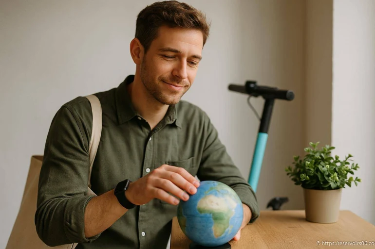 Homme souriant avec globe terrestre sur table