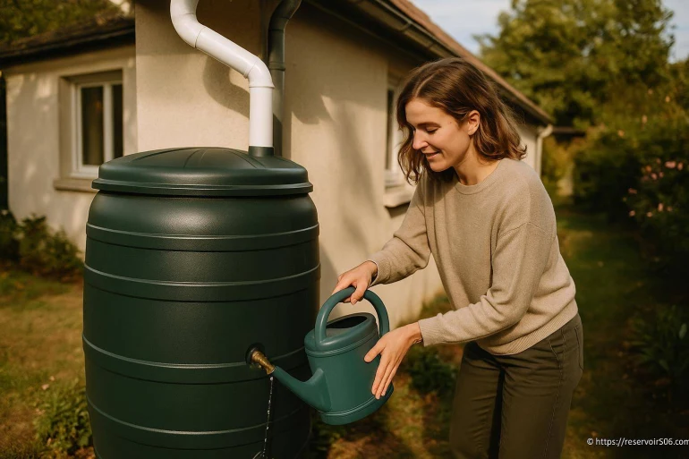 Femme remplissant un arrosoir avec eau de pluie