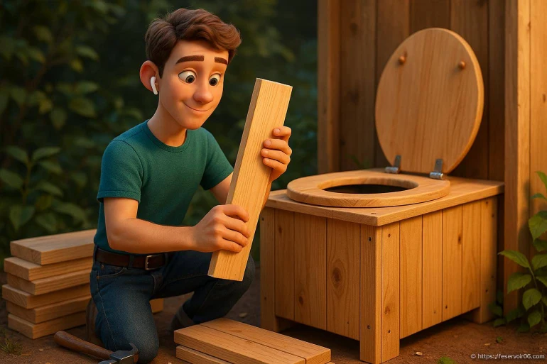 Jeune homme construit toilette en bois