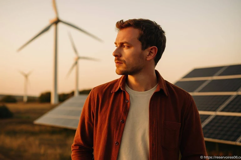 Homme devant panneaux solaires et éoliennes