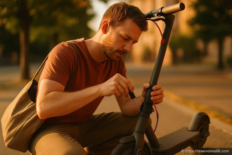 Homme réparant une trottinette électrique