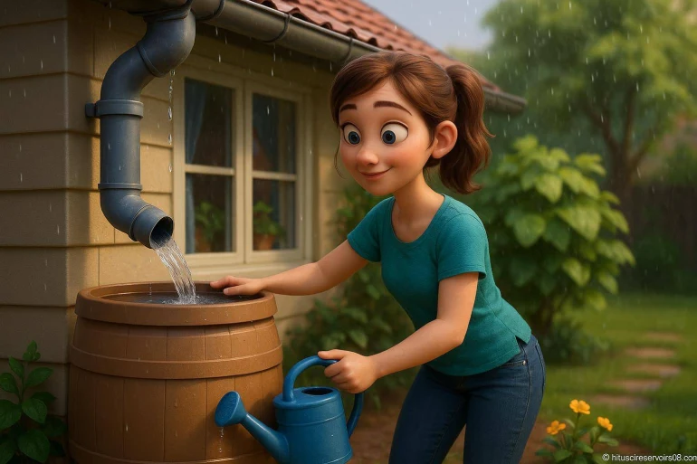 Femme remplissant arrosoir eau pluie