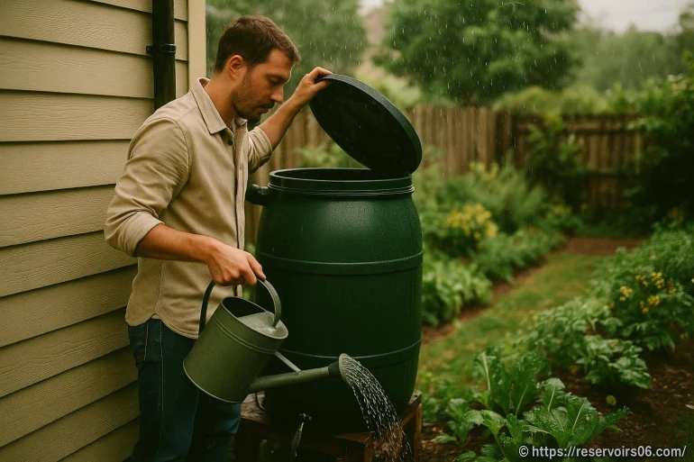 Homme utilisant un récupérateur d'eau de pluie