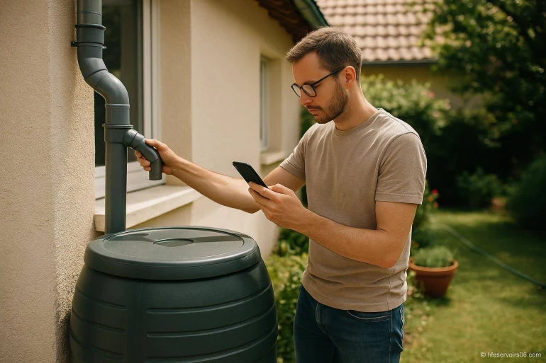 Homme vérifiant récupérateur d'eau de pluie