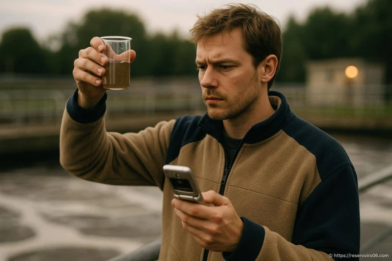 Homme analysant un échantillon d'eau trouble