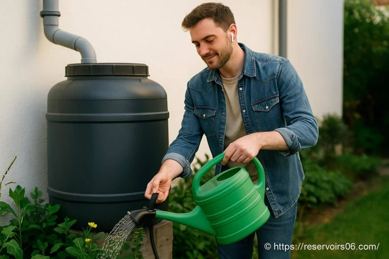 Homme arrosant plantes avec eau de pluie