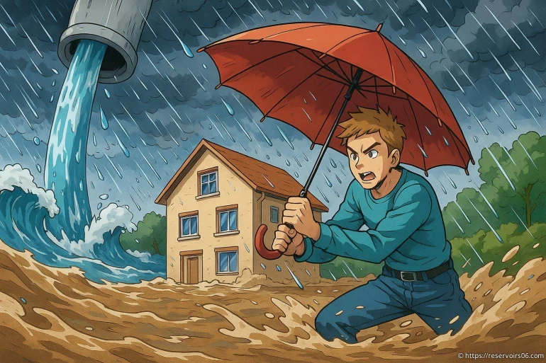 Homme sous parapluie face à inondation