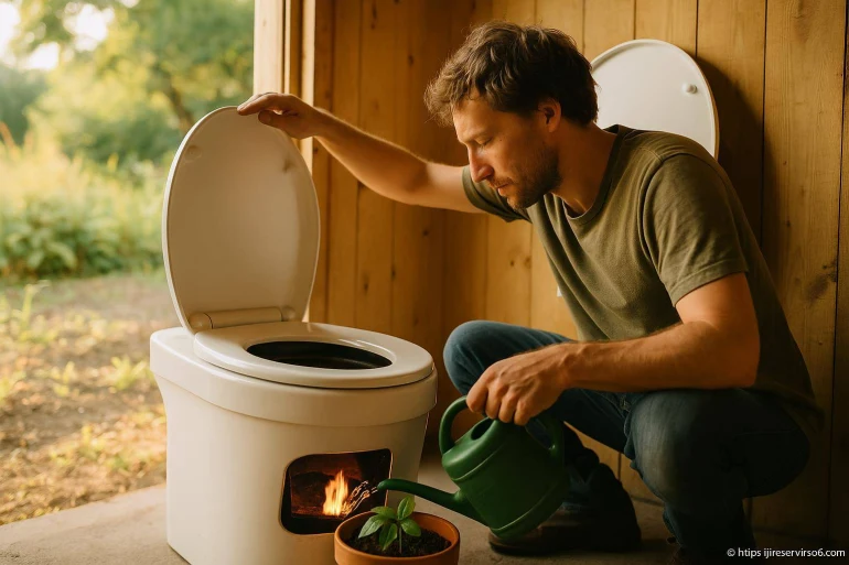 Toilette sèche écologique avec feu et plante
