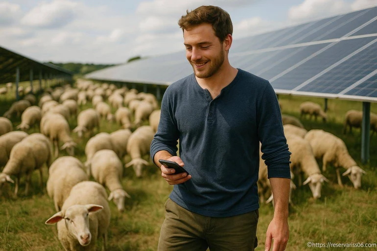 Agriculteur avec troupeau de moutons et panneaux solaires