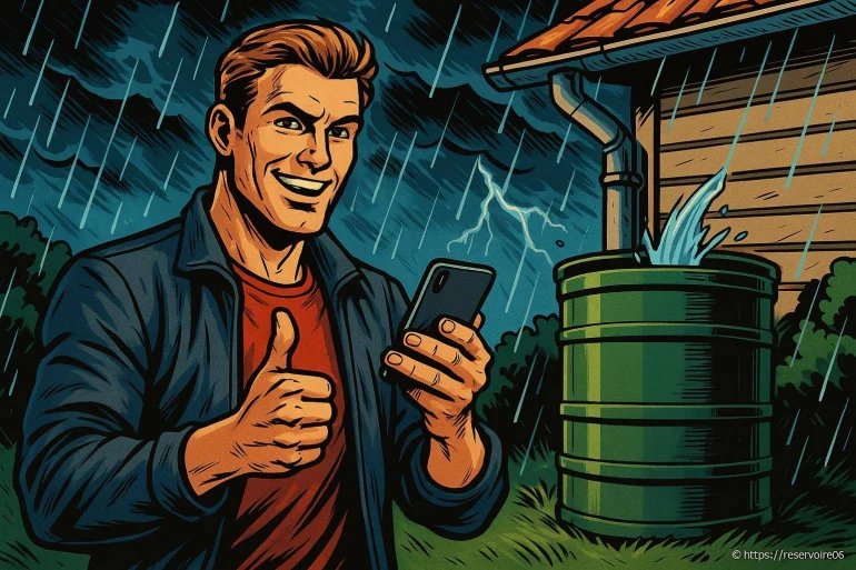 Homme souriant sous la pluie avec smartphone