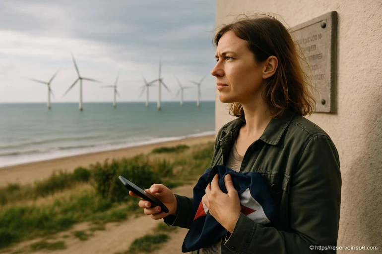 Femme regardant éoliennes en mer