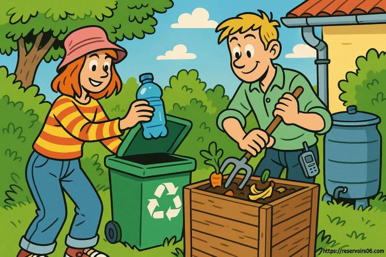 Personnes compostant et recyclant en jardin