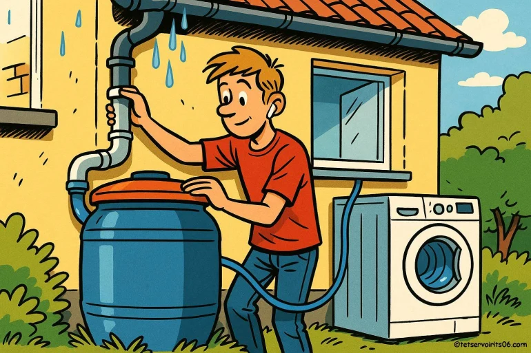 Jeune homme collecte eau pluie maison