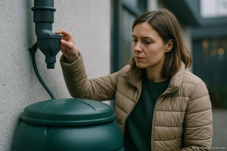 Femme vérifiant un récupérateur d eau de pluie