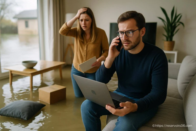 Couple inquiet dans maison inondée