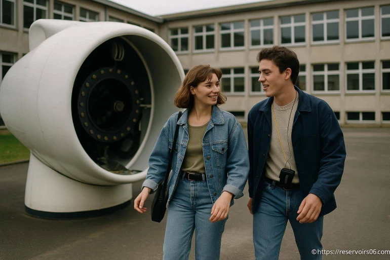 Deux étudiants marchant près d'une turbine