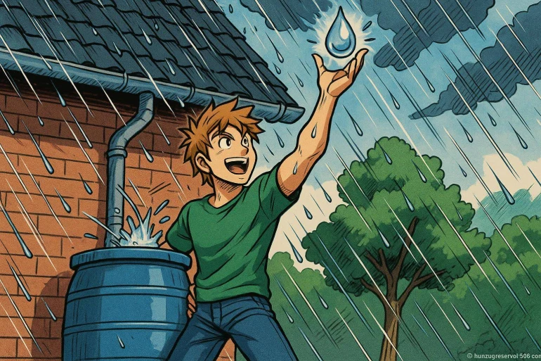 Jeune garçon récupérant eau de pluie