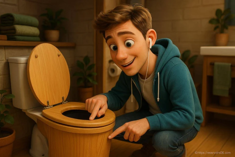 Jeune homme souriant devant toilette en bois