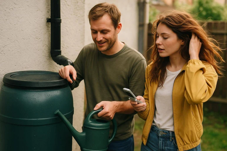 Couple remplissant un arrosoir à partir d'un récupérateur d'eau