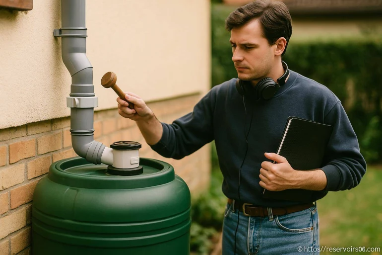 Homme inspectant un récupérateur d'eau de pluie