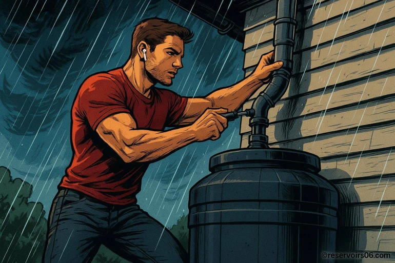 Homme réparant une canalisation sous la pluie