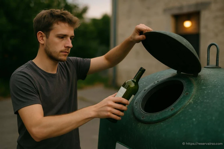 Jeune homme déposant une bouteille en verre