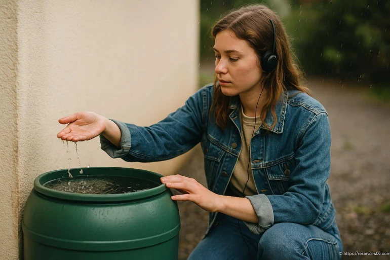 Femme vérifiant eau pluie baril vert