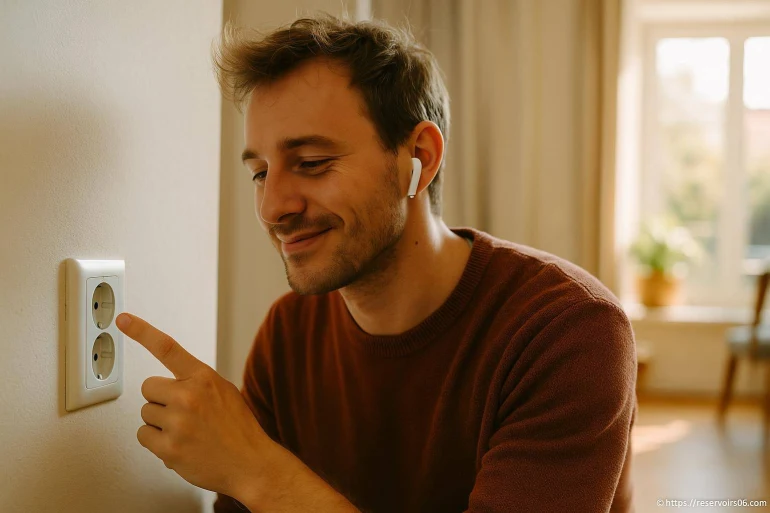 Homme souriant pointant prise électrique
