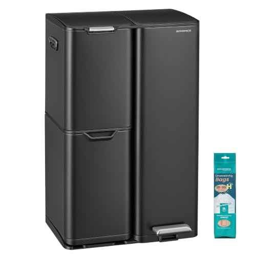 SONGMICS Poubelle Cuisine, Tri Sélectif, 3 Bacs, 60L, Acier