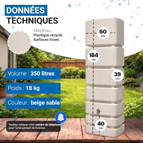 4rain Récupérateur deau de pluie slim 350 l beige sable - Ré
