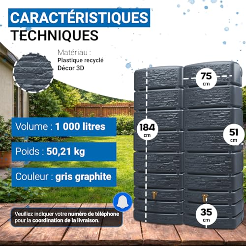 4rain Slim Stone Decor réservoir Mural-Set 1 000 litres Gris