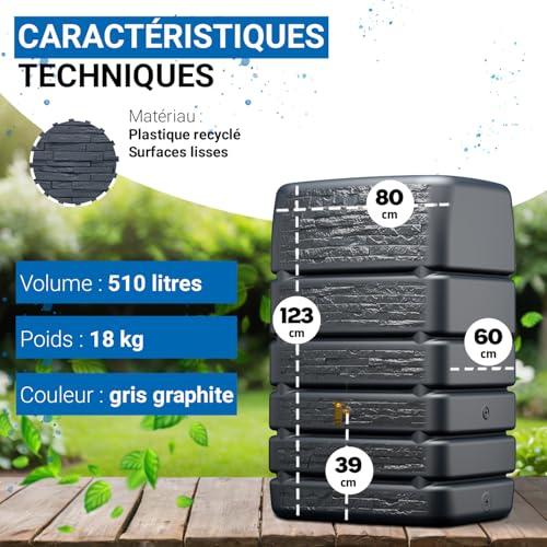 4rain Slim Stone Decor Recuperateur d Eau de Pluie 510 L Gri